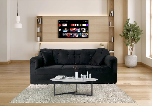 Black Velvet Sofa 3-Seater and Smart TV 32 Inch Combo